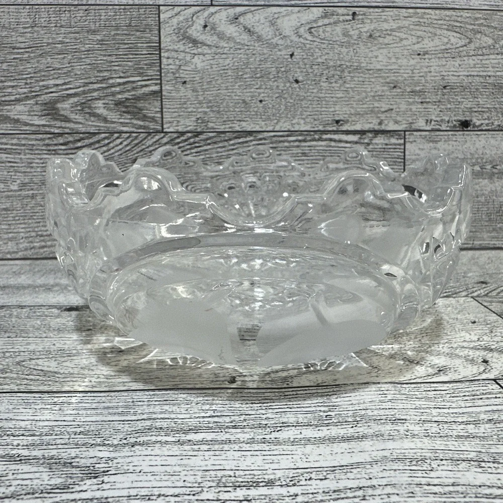 Frosted & Clear Glass Etched‎ Scalloped Candy Dish Sugar Bowl Vintage